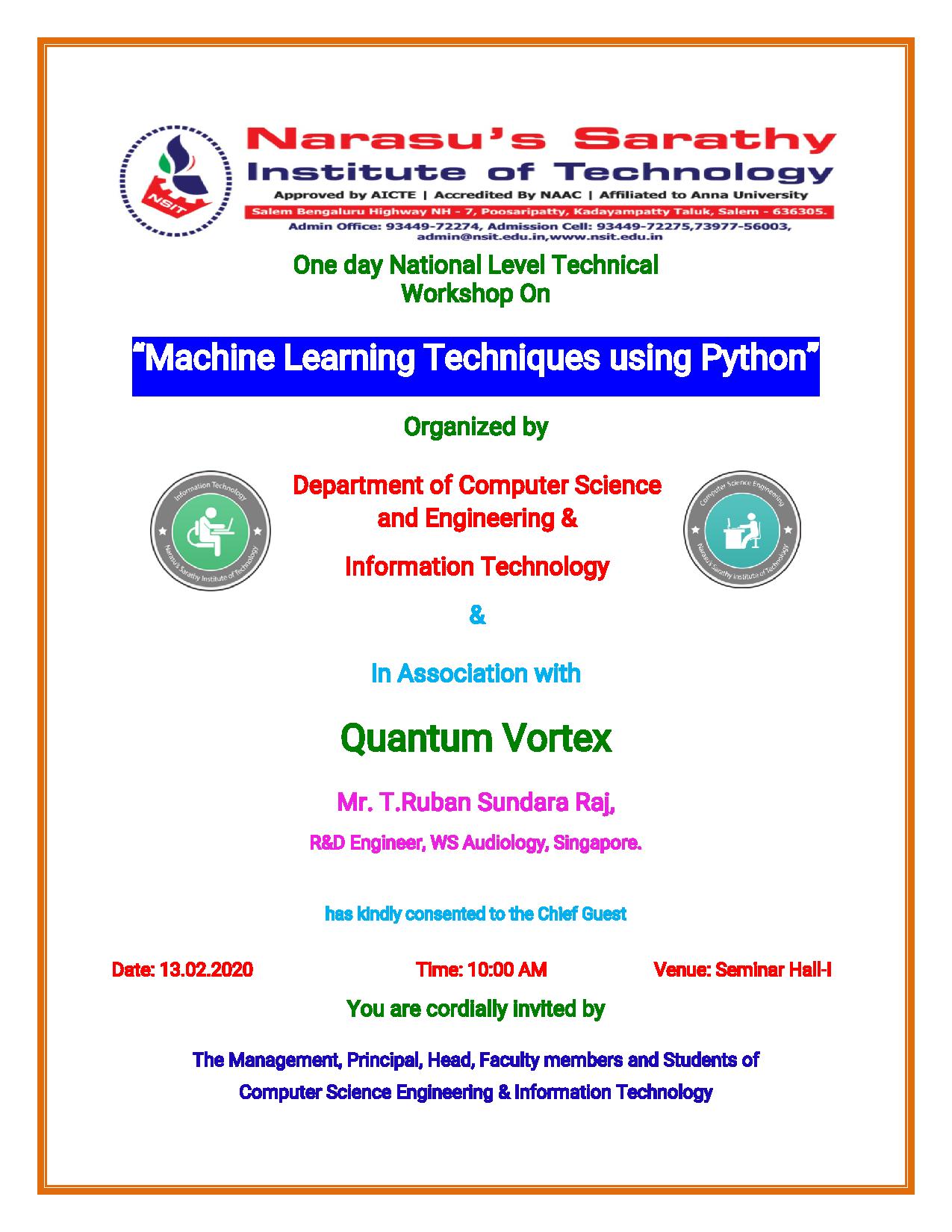 One Day National level workshop on Machine Learning Techniques Using Python 2020